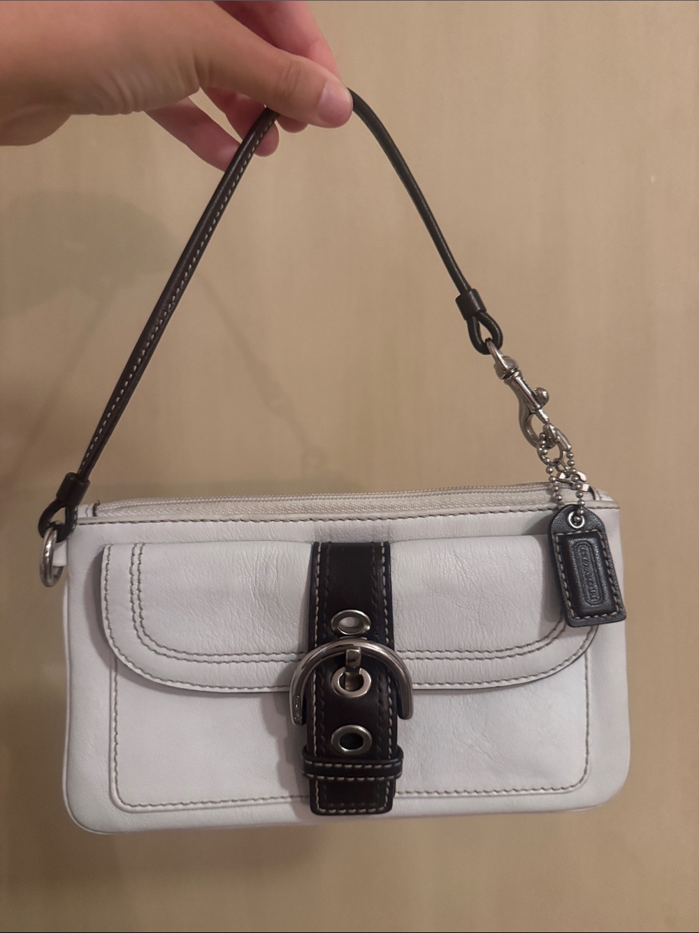 Coach White Leather Wristlet with Dark Brown Strap and Buckle